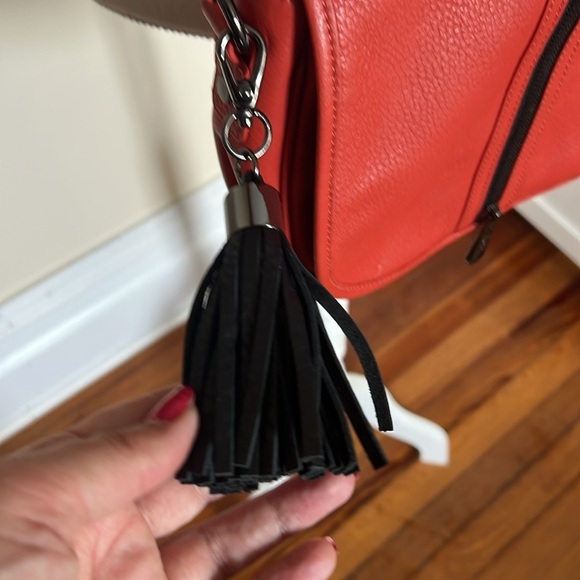 POVERTY FLATS by rian Red Leather Black Accents Crossbody Bag with Saddle Shape - Picture 4 of 10